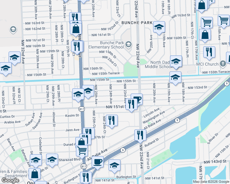 map of restaurants, bars, coffee shops, grocery stores, and more near 2360 Northwest 153rd Street in Opa-locka