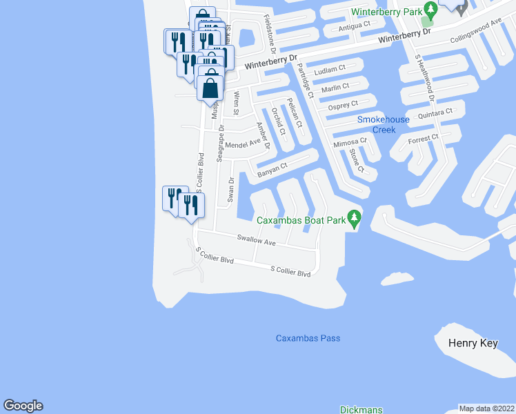 map of restaurants, bars, coffee shops, grocery stores, and more near 900 Huron Court in Marco Island