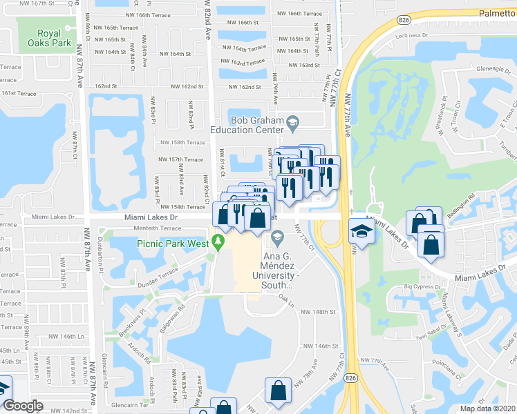 map of restaurants, bars, coffee shops, grocery stores, and more near 8079 Northwest 154th Street in Miami Lakes
