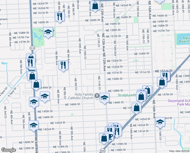 map of restaurants, bars, coffee shops, grocery stores, and more near 15035 Northeast 11th Court in Miami