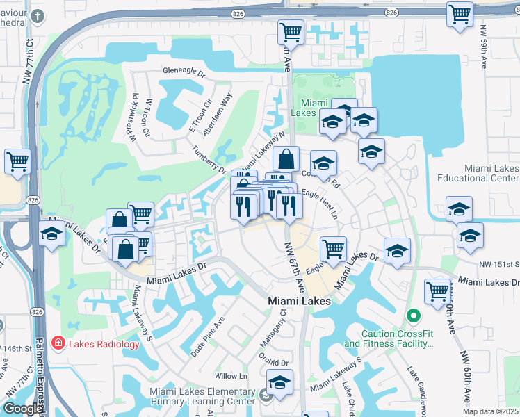 map of restaurants, bars, coffee shops, grocery stores, and more near 15525 Bull Run Road in Miami Lakes