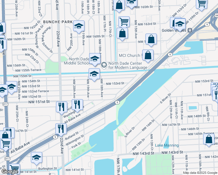 map of restaurants, bars, coffee shops, grocery stores, and more near 1741 Northwest 152nd Terrace in Opa-locka