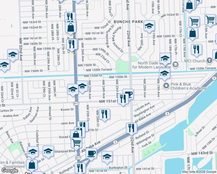 map of restaurants, bars, coffee shops, grocery stores, and more near 2360 Northwest 153rd Street in Opa-locka