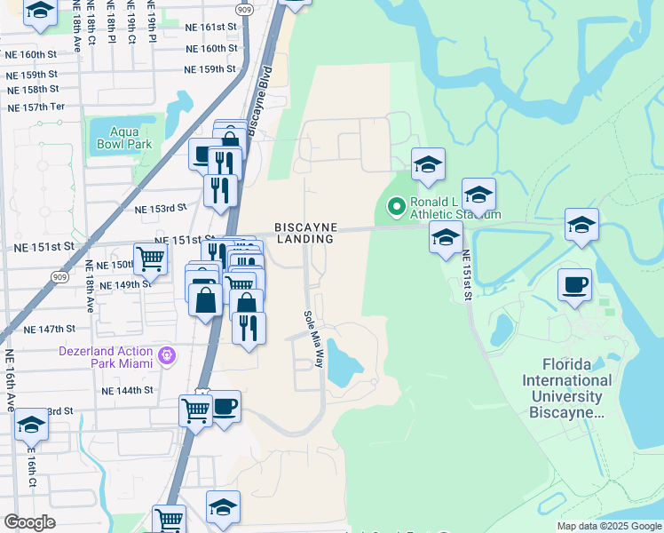 map of restaurants, bars, coffee shops, grocery stores, and more near 14951 Royal Oaks Lane in North Miami