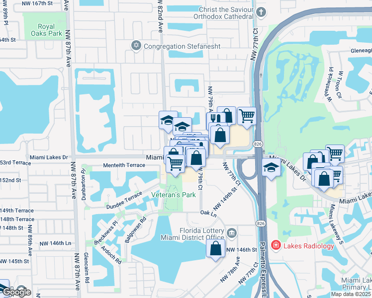 map of restaurants, bars, coffee shops, grocery stores, and more near 8079 Northwest 154th Street in Miami Lakes