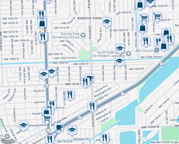 map of restaurants, bars, coffee shops, grocery stores, and more near 2210 Northwest 153rd Street in Opa-locka