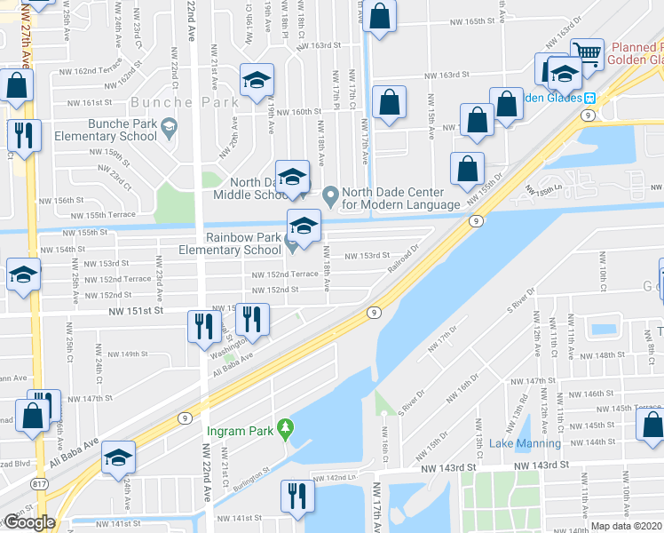 map of restaurants, bars, coffee shops, grocery stores, and more near 15275 Northwest 18th Avenue in Opa-locka