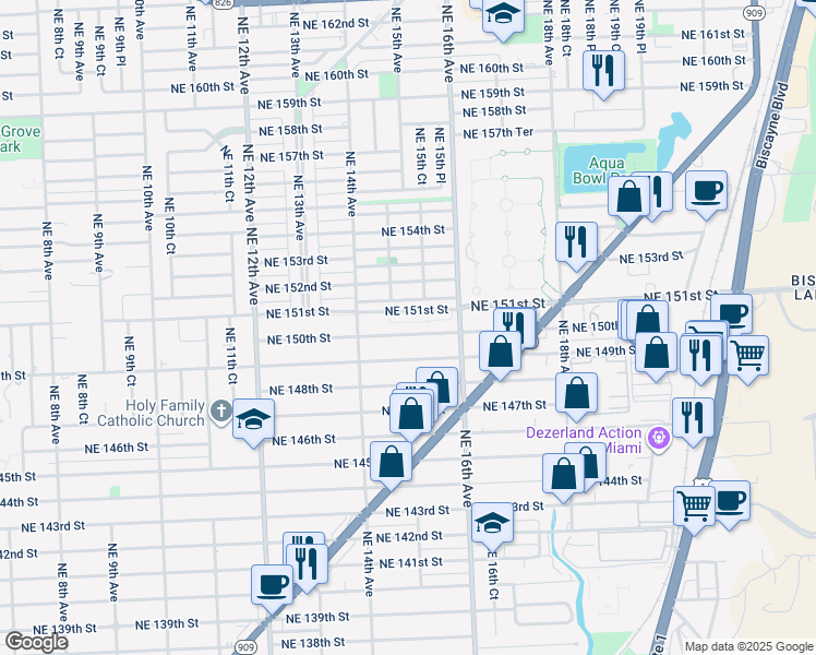 map of restaurants, bars, coffee shops, grocery stores, and more near 1511 Northeast 150th Street in Miami