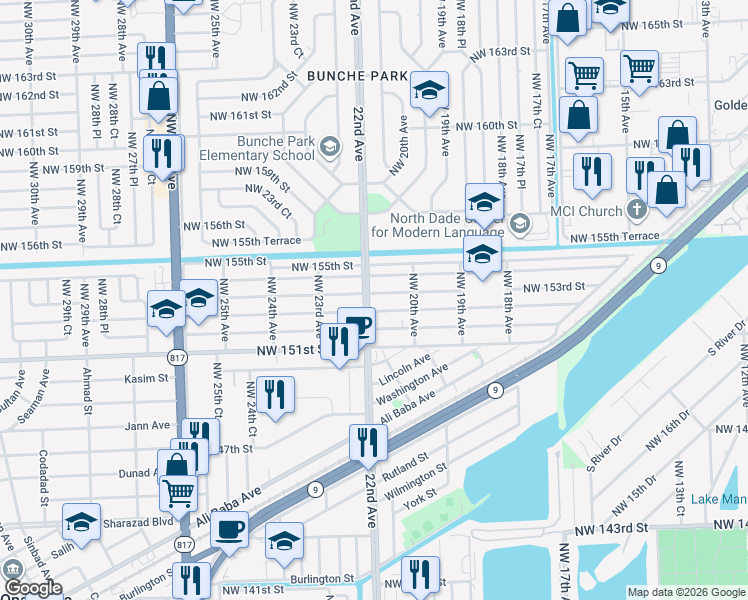 map of restaurants, bars, coffee shops, grocery stores, and more near 2210 Northwest 153rd Street in Opa-locka
