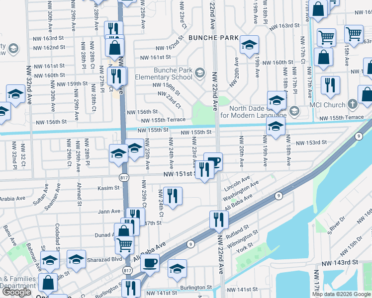 map of restaurants, bars, coffee shops, grocery stores, and more near 2360 Northwest 153rd Street in Opa-locka