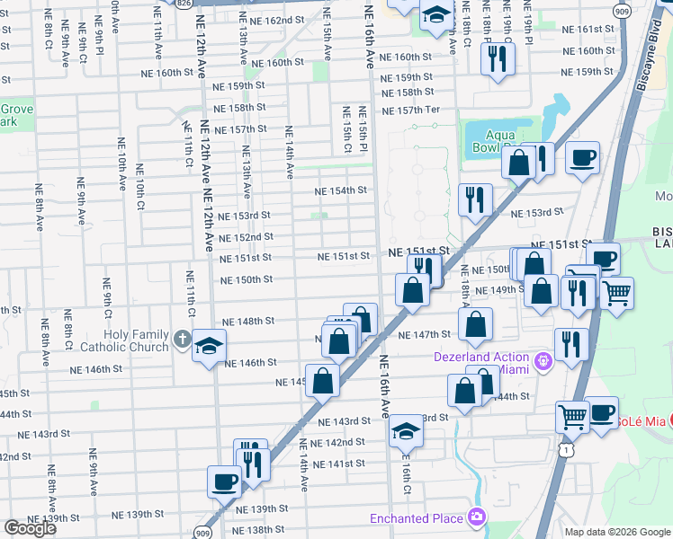 map of restaurants, bars, coffee shops, grocery stores, and more near 1511 Northeast 150th Street in Miami