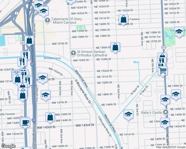 map of restaurants, bars, coffee shops, grocery stores, and more near 54 Northwest 152nd Street in Miami