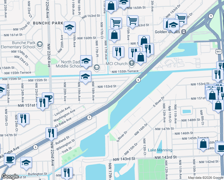 map of restaurants, bars, coffee shops, grocery stores, and more near 1625 Northwest 152nd Terrace in Opa-locka