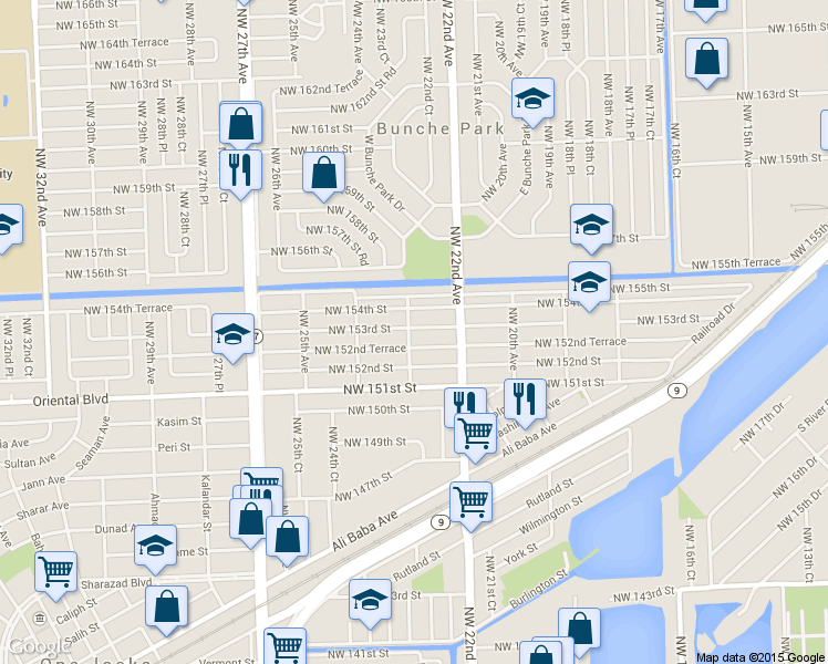 map of restaurants, bars, coffee shops, grocery stores, and more near 2290 Northwest 153rd Street in Opa-locka