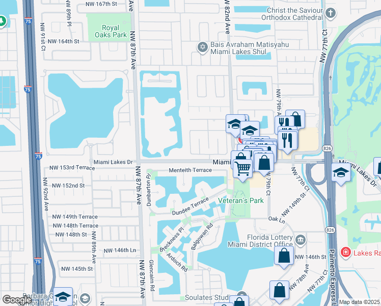 map of restaurants, bars, coffee shops, grocery stores, and more near 9145 Northwest 154th Terrace in Miami Lakes