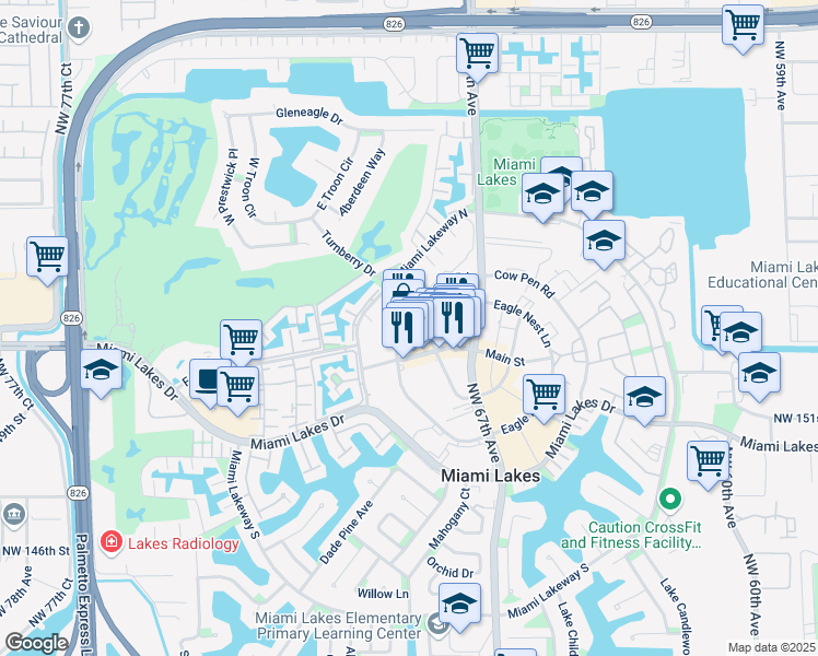 map of restaurants, bars, coffee shops, grocery stores, and more near 15525 Bull Run Road in Miami Lakes