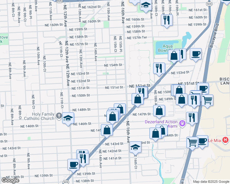 map of restaurants, bars, coffee shops, grocery stores, and more near 1511 Northeast 150th Street in Miami