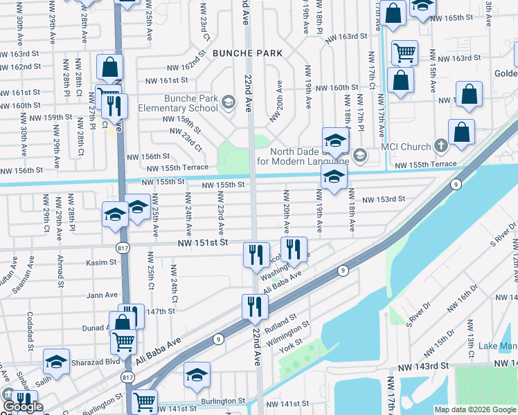 map of restaurants, bars, coffee shops, grocery stores, and more near 2210 Northwest 153rd Street in Opa-locka