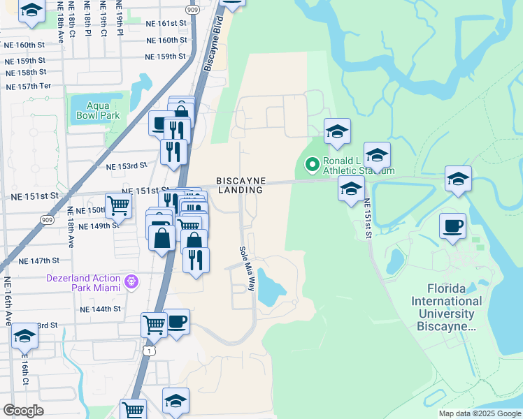 map of restaurants, bars, coffee shops, grocery stores, and more near 14951 Royal Oaks Lane in North Miami