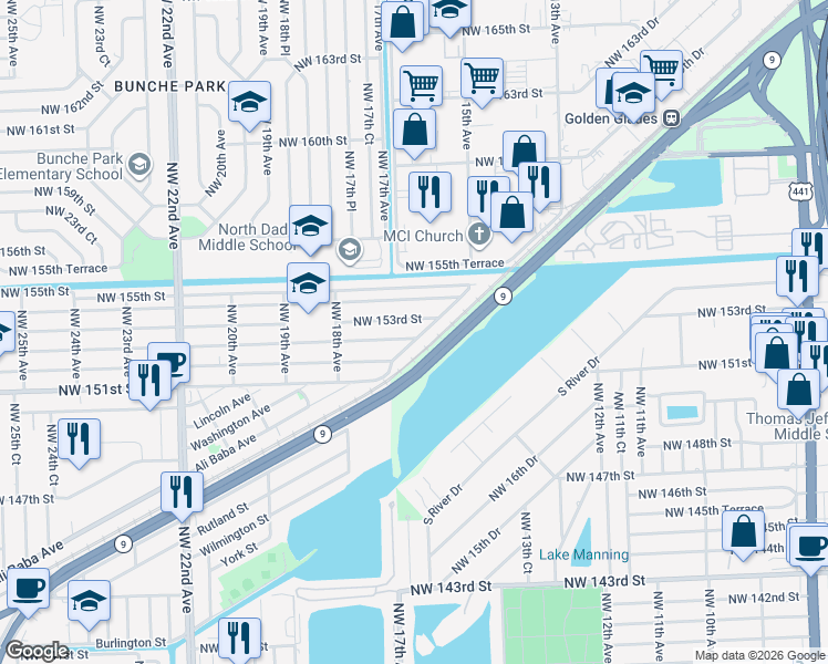 map of restaurants, bars, coffee shops, grocery stores, and more near 1625 Northwest 152nd Terrace in Opa-locka