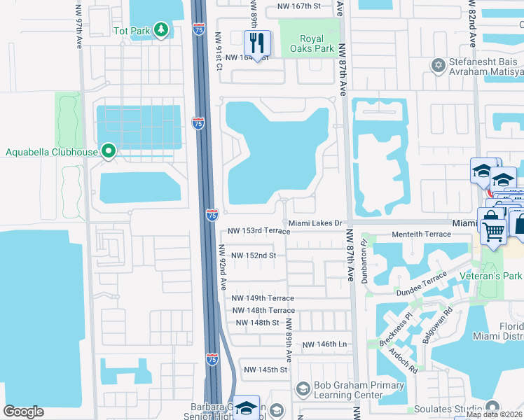 map of restaurants, bars, coffee shops, grocery stores, and more near 8961 Northwest 154th Terrace in Miami Lakes