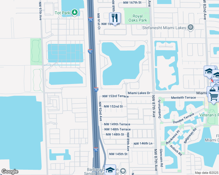 map of restaurants, bars, coffee shops, grocery stores, and more near 9053 Northwest 154th Terrace in Miami Lakes