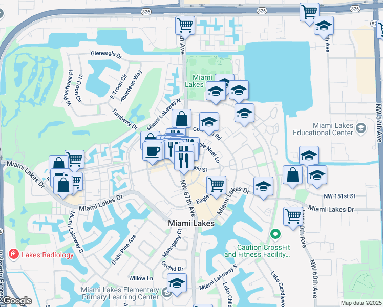 map of restaurants, bars, coffee shops, grocery stores, and more near 15503 Northwest 67th Avenue in Hialeah