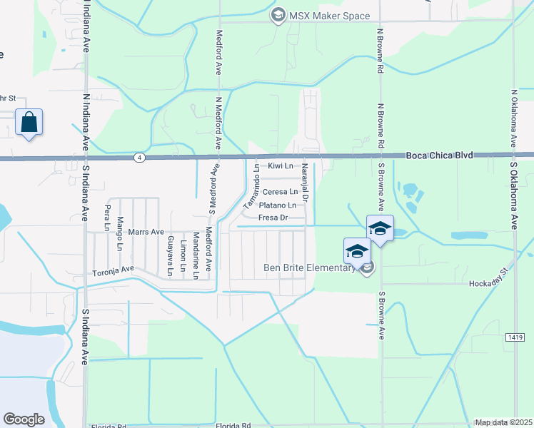map of restaurants, bars, coffee shops, grocery stores, and more near 571 Fresa Drive in Brownsville