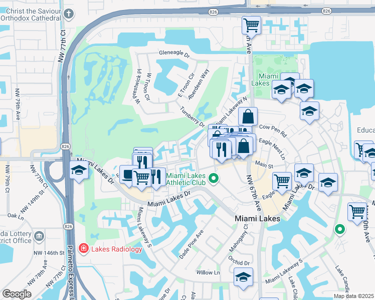 map of restaurants, bars, coffee shops, grocery stores, and more near 7000 Crown Gate Court in Miami Lakes