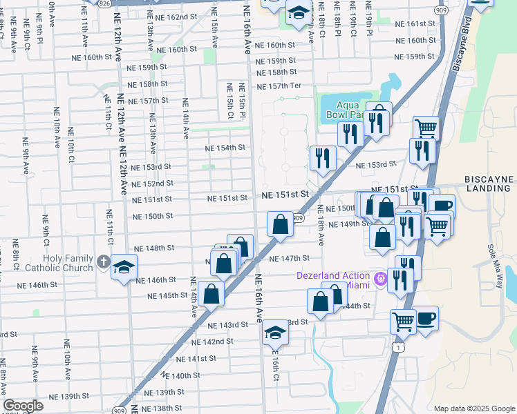 map of restaurants, bars, coffee shops, grocery stores, and more near 15005 Northeast 16th Avenue in North Miami