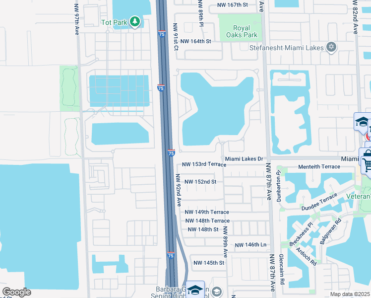 map of restaurants, bars, coffee shops, grocery stores, and more near 9053 Northwest 154th Terrace in Miami Lakes