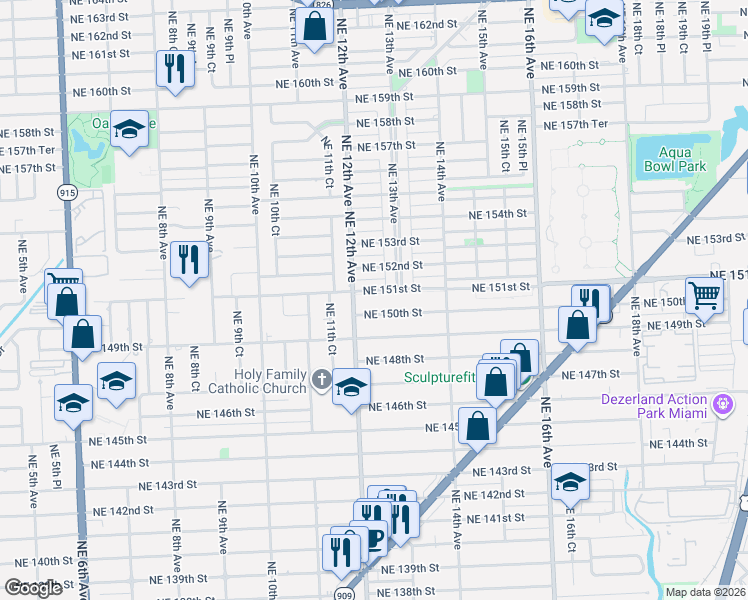 map of restaurants, bars, coffee shops, grocery stores, and more near 1220 Northeast 151st Street in North Miami Beach