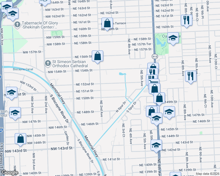 map of restaurants, bars, coffee shops, grocery stores, and more near 265 Northeast 151st Street in Miami