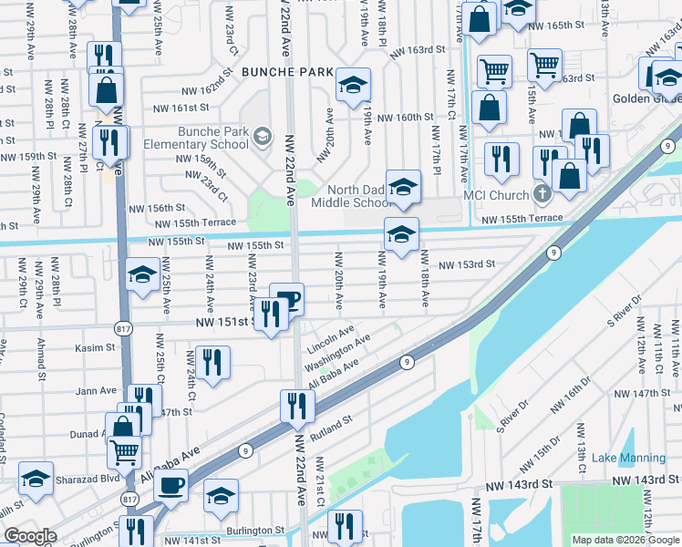 map of restaurants, bars, coffee shops, grocery stores, and more near 1970 Northwest 153rd Street in Opa-locka