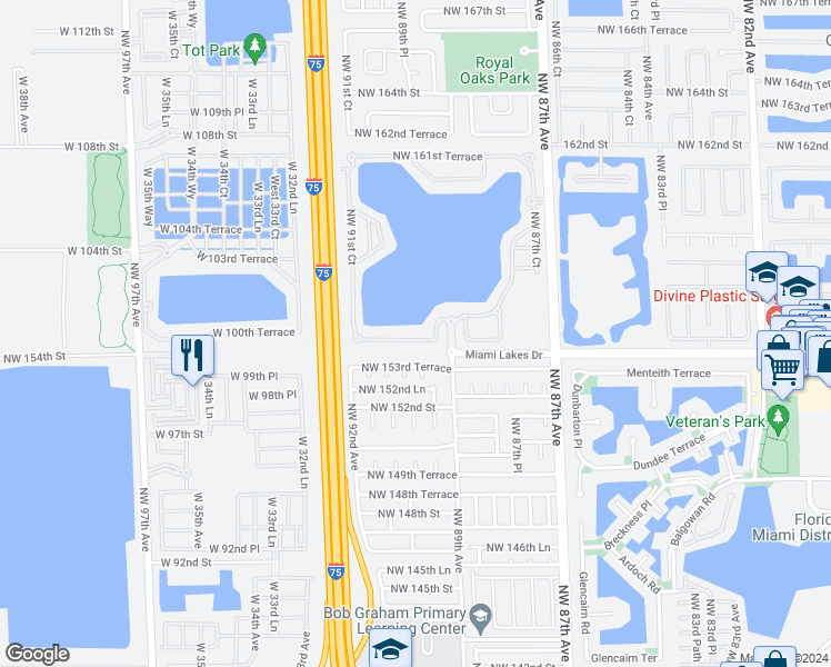 map of restaurants, bars, coffee shops, grocery stores, and more near 8961 Northwest 154th Terrace in Miami Lakes