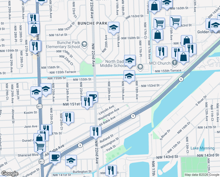map of restaurants, bars, coffee shops, grocery stores, and more near 1970 Northwest 153rd Street in Opa-locka