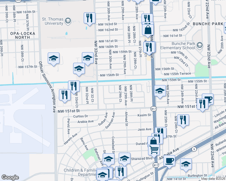 map of restaurants, bars, coffee shops, grocery stores, and more near 15330 Northwest 30th Avenue in Opa-locka