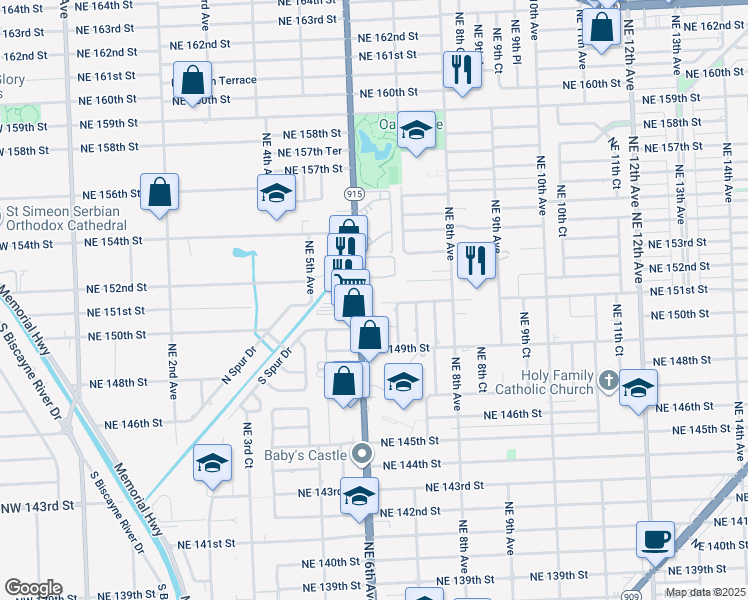 map of restaurants, bars, coffee shops, grocery stores, and more near 15005 Northeast 6th Avenue in Miami