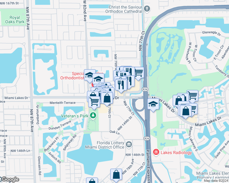map of restaurants, bars, coffee shops, grocery stores, and more near 7925 Northwest 154th Street in Miami Lakes