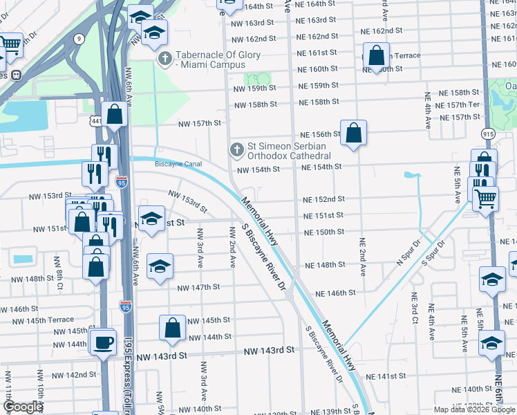 map of restaurants, bars, coffee shops, grocery stores, and more near 102 Northwest 152nd Street in Miami