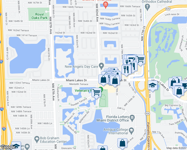 map of restaurants, bars, coffee shops, grocery stores, and more near 15455 Northwest 82nd Place in Hialeah