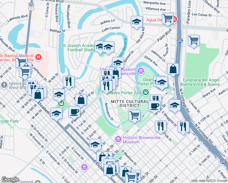 map of restaurants, bars, coffee shops, grocery stores, and more near 1400 Palm Boulevard in Brownsville