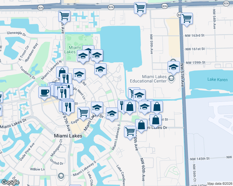 map of restaurants, bars, coffee shops, grocery stores, and more near 15431 Durnford Drive in Miami Lakes