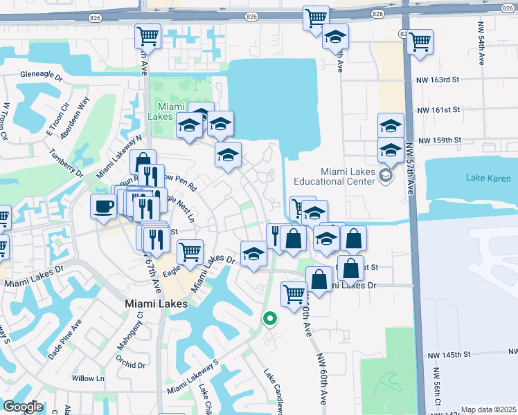 map of restaurants, bars, coffee shops, grocery stores, and more near 15431 Durnford Drive in Miami Lakes