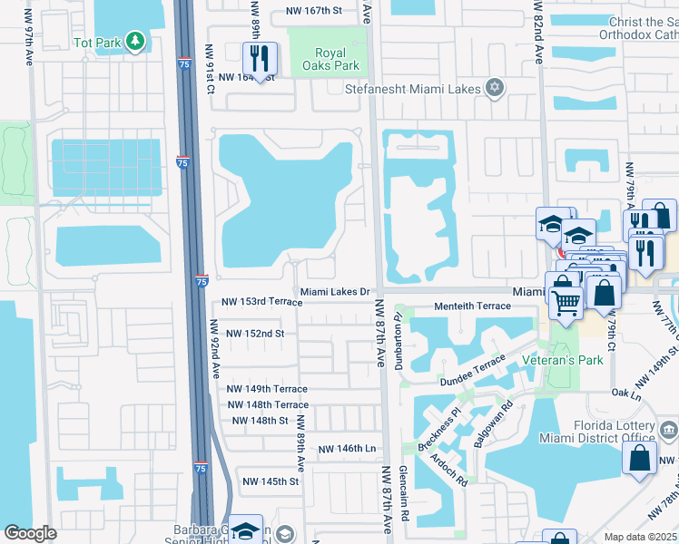 map of restaurants, bars, coffee shops, grocery stores, and more near 15463 Northwest 88th Avenue in Miami Lakes