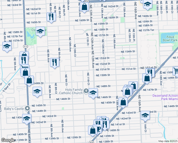 map of restaurants, bars, coffee shops, grocery stores, and more near 15035 NE 11th Ct in Miami
