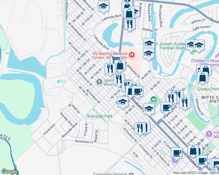 map of restaurants, bars, coffee shops, grocery stores, and more near 801 West Levee Street in Brownsville