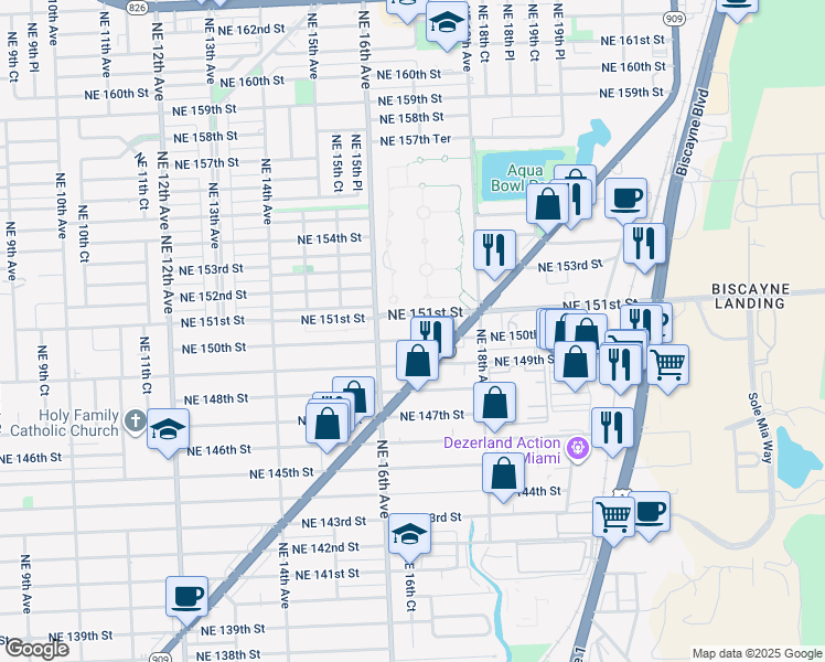 map of restaurants, bars, coffee shops, grocery stores, and more near 1675 Northeast 150th Street in Miami