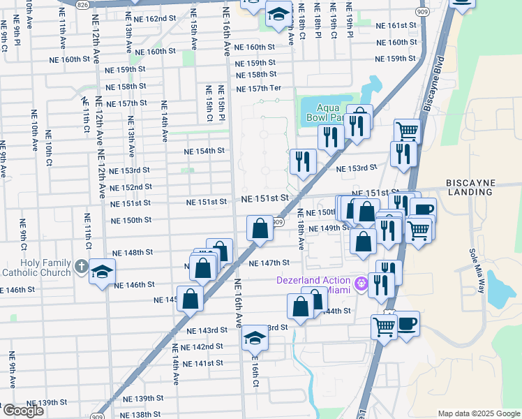 map of restaurants, bars, coffee shops, grocery stores, and more near 1675 Northeast 150th Street in Miami