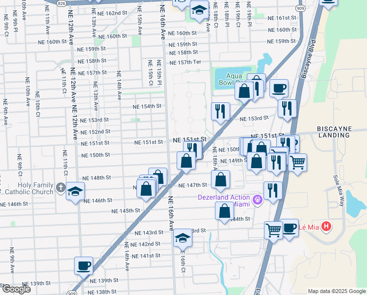 map of restaurants, bars, coffee shops, grocery stores, and more near 1675 Northeast 150th Street in Miami